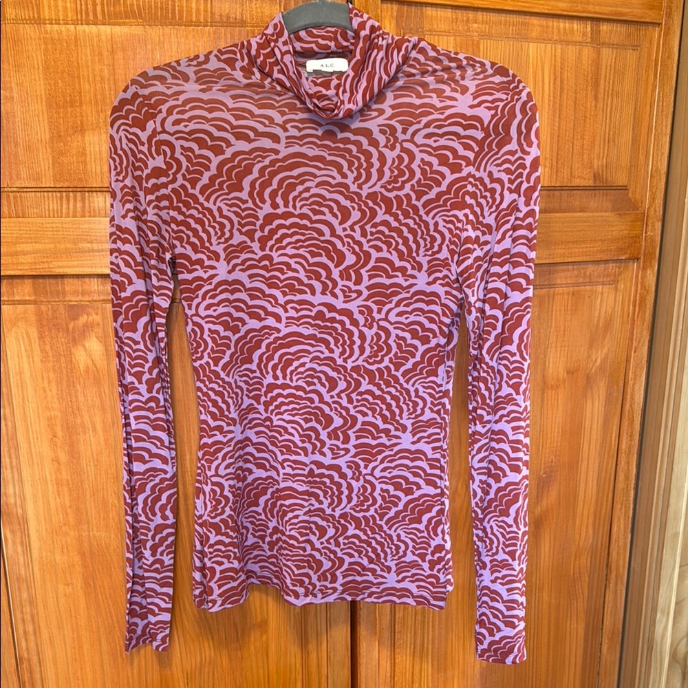 ALC Sheer Women's Red and Pink Patterned Turtleneck Top
